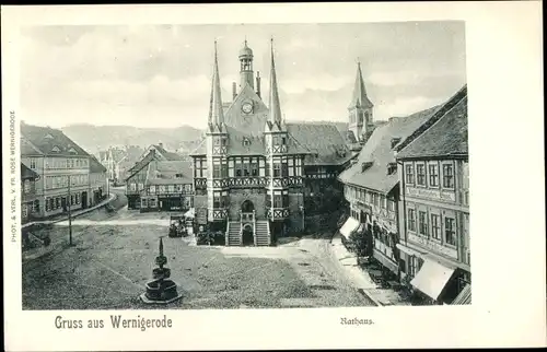 Ak Wernigerode am Harz, Blick auf das Rathaus, Marktplatz, Brunnen