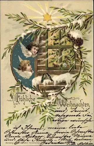 Künstler Winter Litho Student, O., Glückwunsch Weihnachten, Engel vor dem Fenster