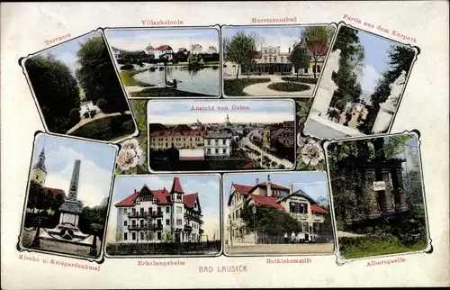 Ak Bad Lausick in Sachsen, Kurhotel Herrmannsbad, Kirche, Denkmal, Bethlehemstift, Albertquelle