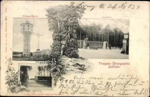 Ak Zeithain in Sachsen, Truppenübungsplatz, Nordtor, Wasserturm, König Friedrich August Straße