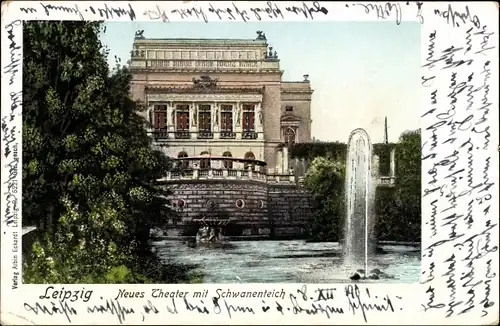 Golden Windows Litho Leipzig in Sachsen, Neues Theater mit Schwanenteich