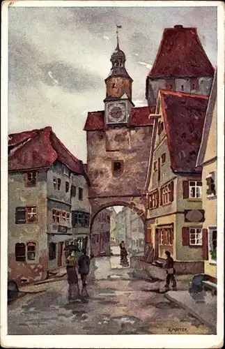 Künstler Ak Mutter, K.,  Rothenburg ob der Tauber Mittelfranken, Roederbogen, Passanten im Regen