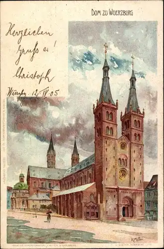 Künstler Litho Mutter, K., Würzburg am Main Unterfranken, Blick auf den Dom