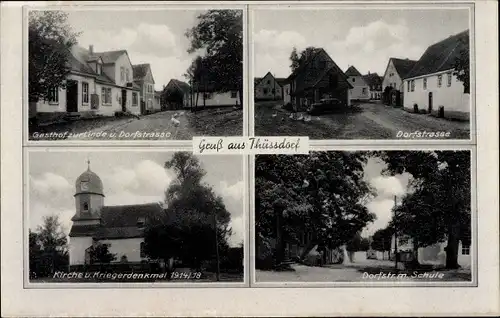 Ak Thüsdorf Eckartsberga, Gasthof zur Linde, Dorfstraße, Schule, Kirche, Kriegerdenkmal