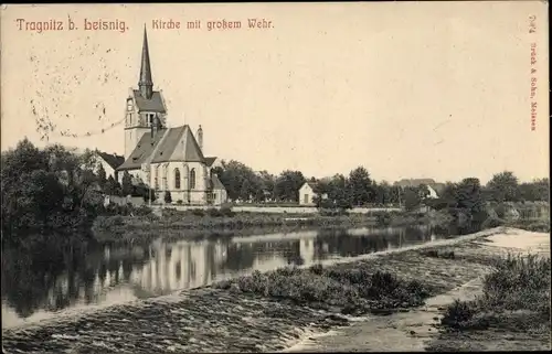 Ak Tragnitz Leisnig in Sachsen, Kirche mit großem Wehr