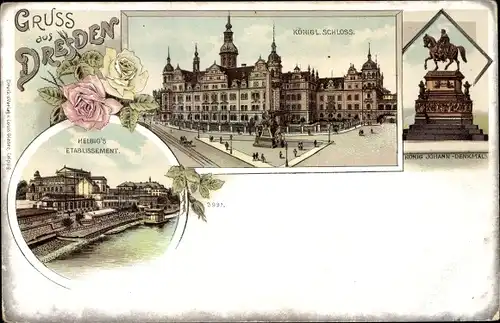 Litho Dresden, Schloss, K. Johann Denkmal, Hotel Helbig