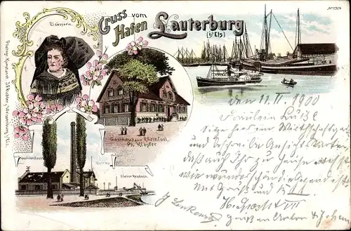 Litho Lauterbourg Lauterburg Elsass Bas Rhin, Hafen, Elsäßerin, Gasthaus zur Rheinlust, Inh. Klöpfer
