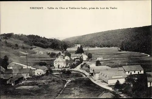 Ak Xertigny Vosges, Vallee du Cone et Trefileries Cadet, prises du haut du Viaduc
