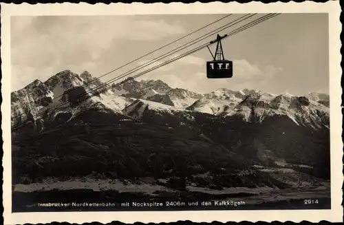 Ak Tirol, Innsbrucker Nordkettenbahn mit Nockspitze und den Kalkkögeln, Seilbahn im Gebirge