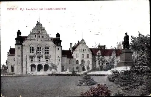 Ak Poznań Posen, Königliche Akademie, Bismarckdenkmal