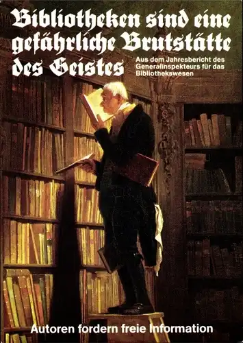 Künstler Ak Staeck, Klaus, Der Bücherwurm, Bibliotheken, Autoren fordern freie Information, A 98a