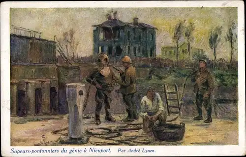 Künstler Ak Lynen, Andre, Nieuport Nieuwpoort Westflandern, Sapeurs Pontonniers du genie, Taucher