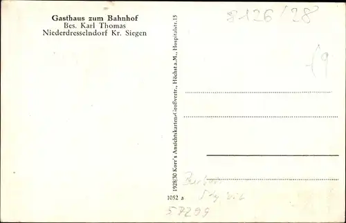 Ak Niederdresselndorf Burbach im Siegerland, Denkmal, Gasthaus zum Bahnhof, Totalansicht