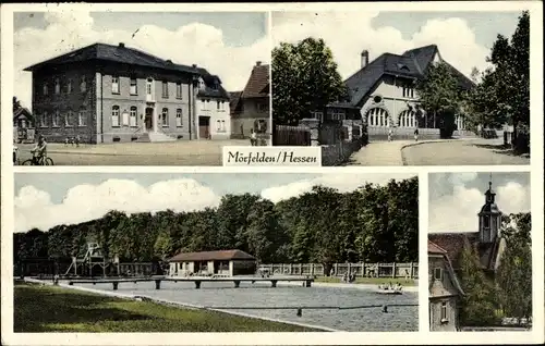 Ak Mörfelden Walldorf in Hessen, Freibad, Bahnhof, Kirche, Straßenpartie