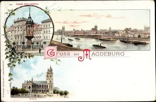 Litho Magdeburg in Sachsen Anhalt, Gesamtansicht, Dom, Kaiser Otto Denkmal