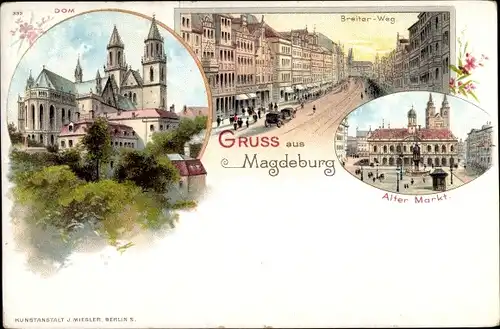 Litho Magdeburg an der Elbe, Dom, Breiter Weg, Alter Markt