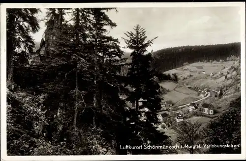 Ak Schönmünzach im Murgtal Baiersbronn im Schwarzwald, Verlobungsfelsen, Blick auf den Ort