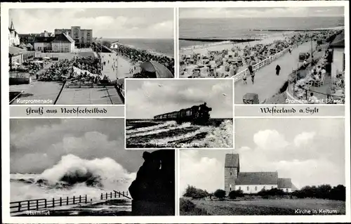 Ak Westerland auf Sylt, Promenade mit Strand, Kirche in Keitum, Sturmflut, Hindenburgdamm