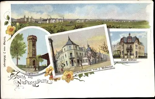 Litho Dresden Ost Niedersedlitz, Panorama, Lugturm, Geschäftshaus v. J. Mohaupt, Cafe Kühne