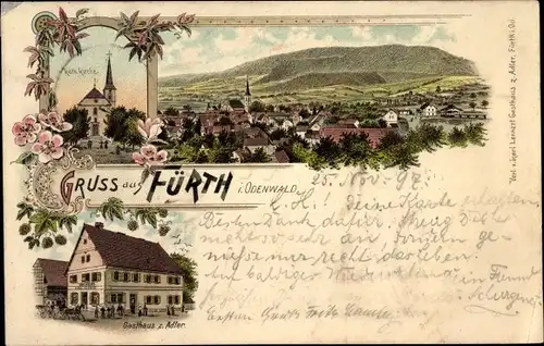 Litho Fürth im Odenwald, Gasthaus zum Adler, Kirche, Blick auf den Ort