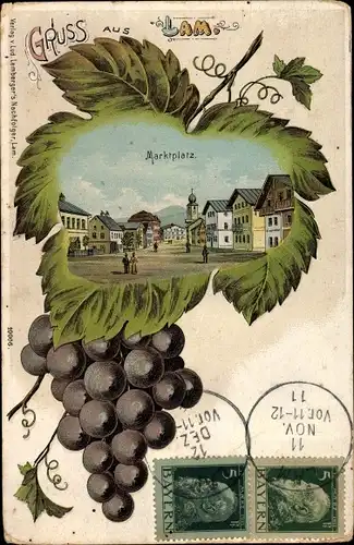 Präge Weinblatt Litho Lam im Bayerischen Wald Oberpfalz, Marktplatz