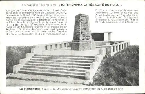 Ak La Flamengrie Aisne, Le Monument d'Haudroy, détruit par les Allemands en 1940