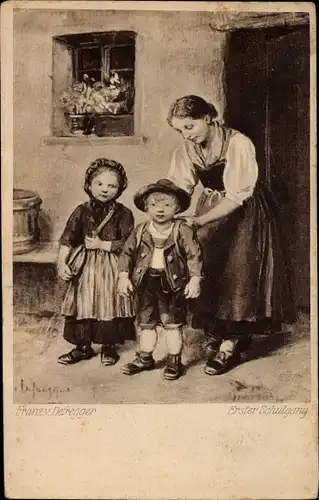 Künstler Ak Defregger, Franz von, Erster Schulgang, Mutter, Kinder