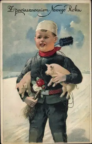 Ak Glückwunsch Neujahr, Schornsteinfeger mit Schweinen