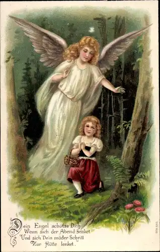 Ak Schutzengel wacht über Mädchen im Wald, Dein Engel schütze Dich