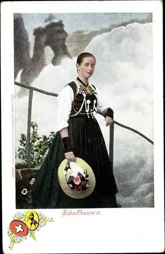 Ak Schaffhausen am Rhein Schweiz, Frau in Volkstracht, Wappen