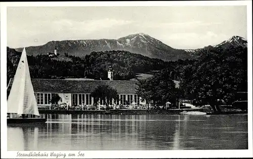 Ak Waging am See Oberbayern, Strandkurhaus, Gebirge, Segelboot