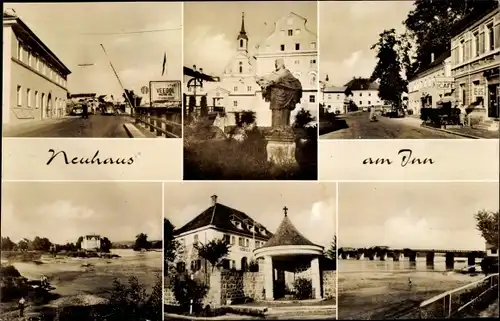 Ak Neuhaus am Inn in Niederbayern, Brücke, Ort, Straße, Panorama, Kirche, Denkmal