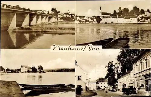 Ak Neuhaus am Inn in Niederbayern, Brücke, Ort, Straße, Panorama, Kirche