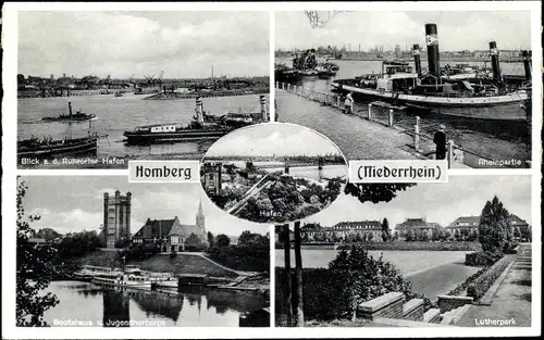 Ak Homberg Duisburg im Ruhrgebiet, Rheinpartie, Binnenschiff, Hafen, Bootshaus, Jugendherberge