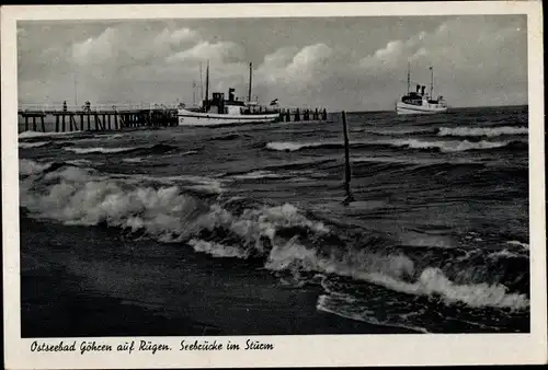 Ak Ostseebad Göhren auf Rügen, Seebrücke im Sturm