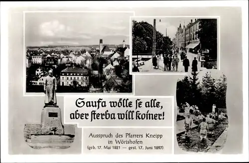 Ak Bad Wörishofen im Unterallgäu, Panorama, Statue, Straße, Kneippbecken