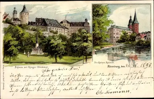 Litho Altenburg in Thüringen, Schloss mit Kriegerdenkmal im Park, Die Roten Spitzen, Türme