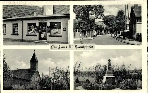 Ak Klein Twülpstedt in Niedersachsen, Straßenpartie, Geschäft, Kirche, Ehrenmal