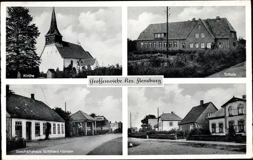 Ak Großenwiehe Schleswig Holstein, Kirche, Schule, Geschäft G. Hansen, Straßenpartie