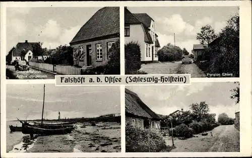 Ak Falshöft Nieby in Schleswig Holstein, Geschäftshaus Arthur Jürgensen, Pension Ehlers, Strand