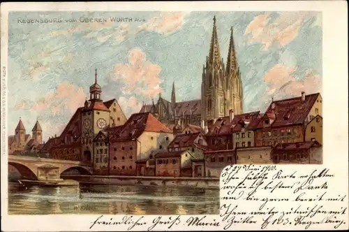 Künstler Litho Regensburg an der Donau Oberpfalz, Panorama vom Oberen Wörth aus