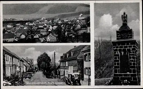 Ak Niederdresselndorf Burbach im Siegerland, Panorama, Straßenpartie, Kriegerdenkmal