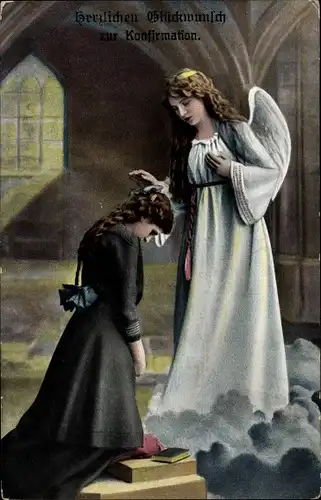 Ak Glückwunsch Konfirmation, Engel segnet ein Mädchen