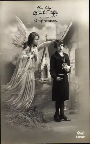 Ak Glückwunsch Konfirmation, Engel und Mädchen