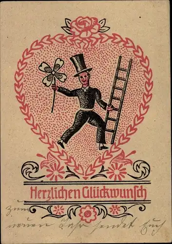 Ak Glückwunsch, Schornsteinfeger mit Kleeblatt