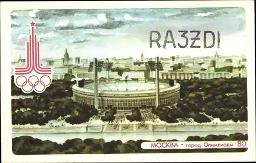 Ak Moskau Russland, Stadion, Olympische Spiele 1980, QSL Funkerkarte RA3ZDI