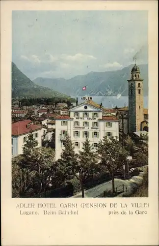 Ak Lugano Kanton Tessin, Hotel Adler beim Bahnhof, Pension de la Ville