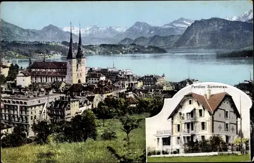 Ak Luzern Stadt Schweiz, Pension Sommerau, Blick auf die Stadt, Alpen
