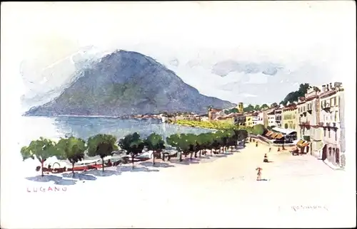 Künstler Ak Lugano Kanton Tessin, Ortspartie, Promenade