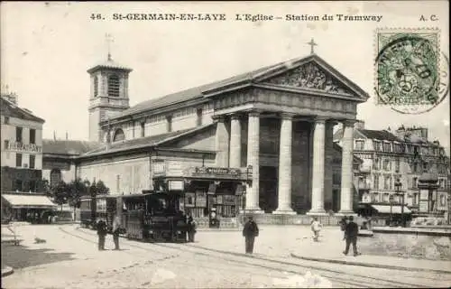 Ak Saint Germain en Laye Yvelines, L'Eglise, Station du Tramway